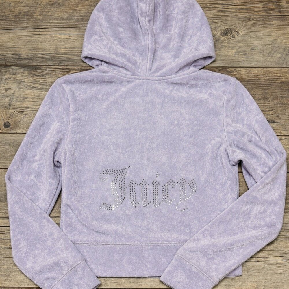 Juicy Couture Womens Large Light Purple Velour Hoodie Rhinestone Logo Y2K Full Z